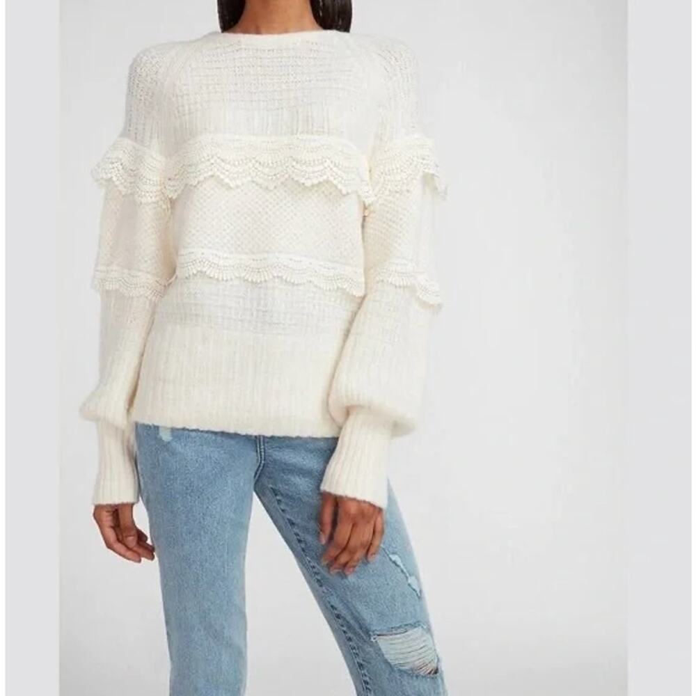 Express Cream Lace Trim Ribbed Sweater Soft Feminine Cozy Size Small